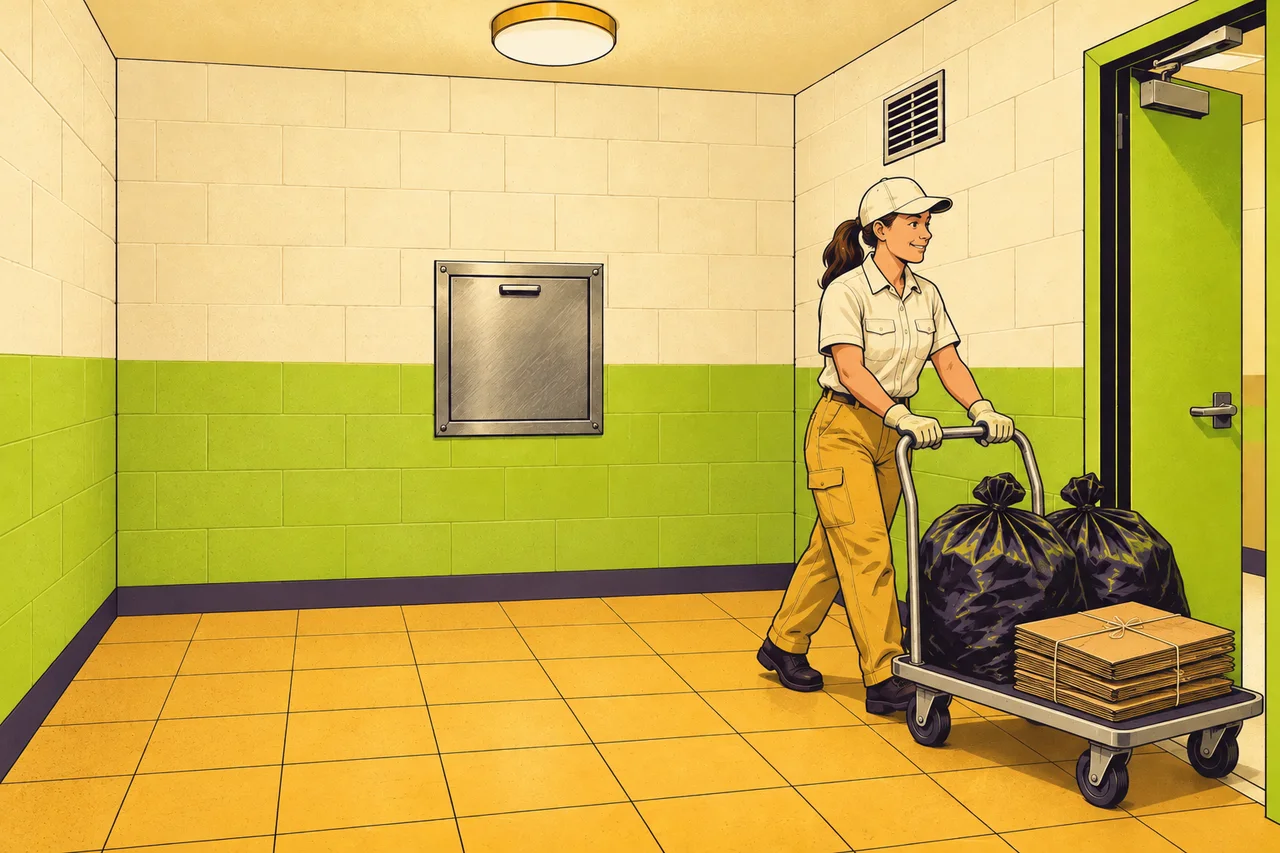After illustration: A Bulk Away worker moves bags and boxes out of an apartment chute room on a four-wheel flatbed cart.