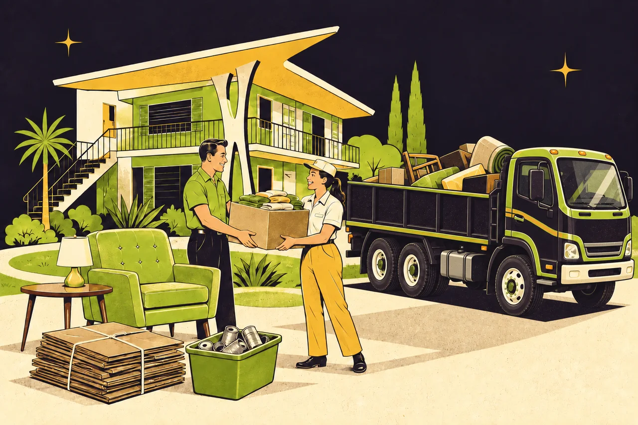 After illustration: A customer and Bulk Away worker organize usable furniture, clothing, cardboard, and recyclable cans.